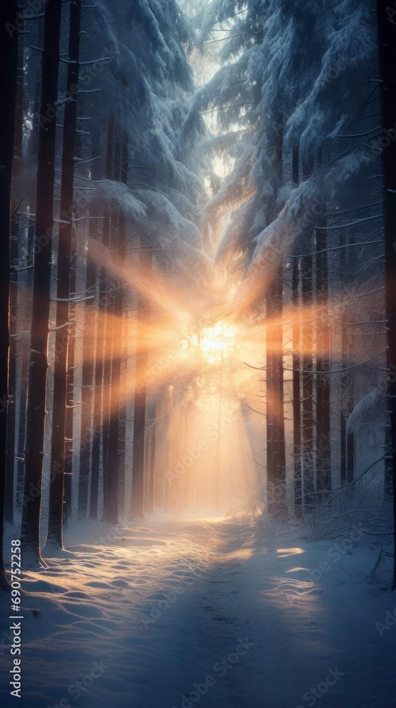 a snowy forest adorned with sparkling snow, bathed in the gentle glow of sun rays. a snowy forest adorned with sparkling snow, bathed in the gentle glow of sun rays.