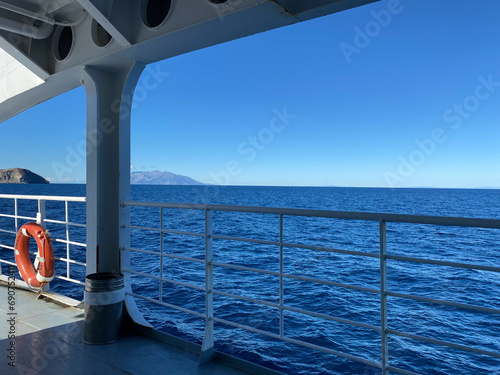 View from the deck of a cruise ship to the island of Gokceada (Imbros). Canakkale, Turkey