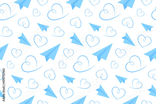 Blue Handmade Paper Plane and Heart. Vector Seamless Pattern. Valentines Day Design, Wrapping Paper