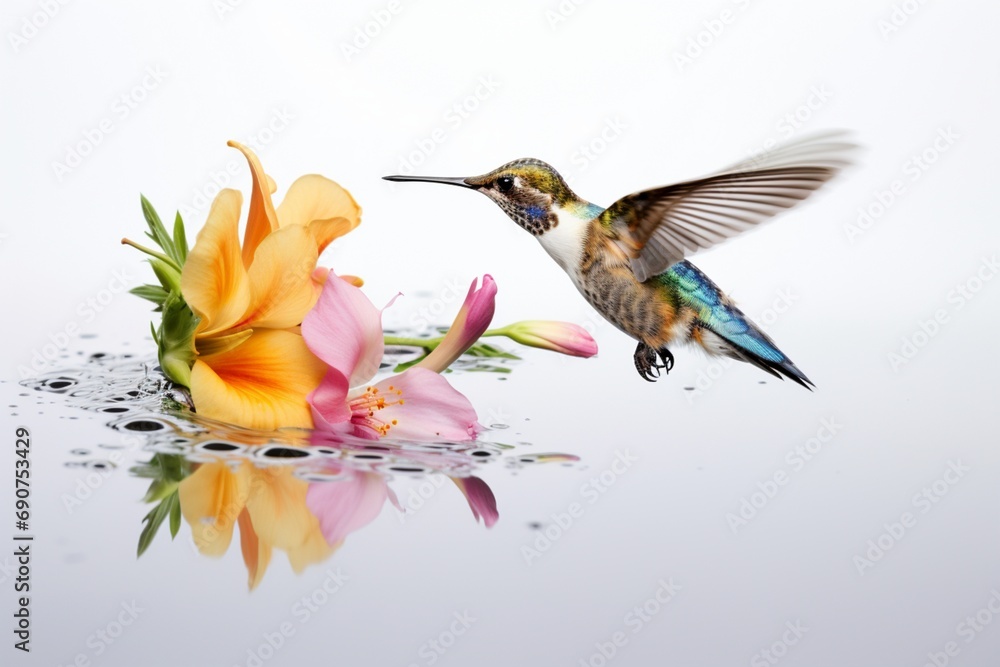 A droplet reflection of a hummingbird hovering over flowers, white background, high resolution, dynamic nature,