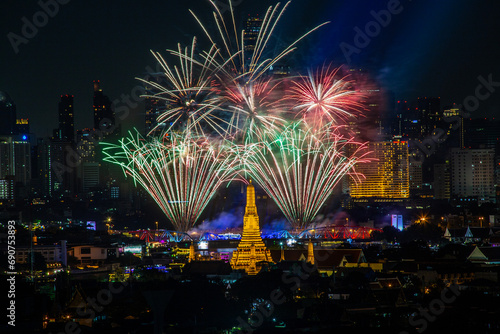 Bridge and Wat Arun light and sound show are landmarks in Bangkok, Thailand to celebrate the Chao Phraya River Festival in Bangkok on December 2, 2023.