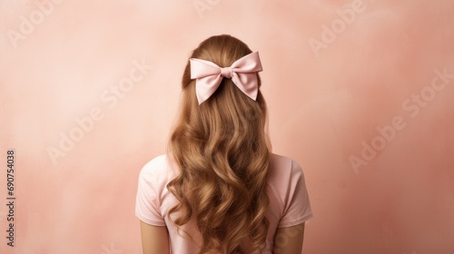 Back view of young beautiful woman with long curly hair and pink bow on her head. Peach Fuzz color background photo
