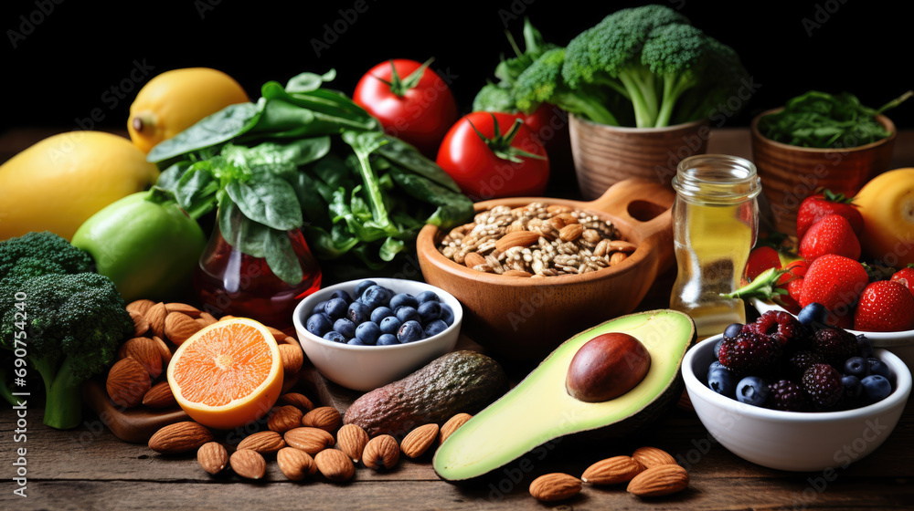 Variety of healthy foods including a fillet of salmon, avocados, nuts, leafy greens, and other vegetables Variety of healthy foods including a fillet of salmon, avocados, nuts, leafy greens, and other vegetables