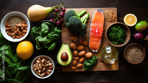 Variety of healthy foods including a fillet of salmon, avocados, nuts, leafy greens, and other vegetables photo