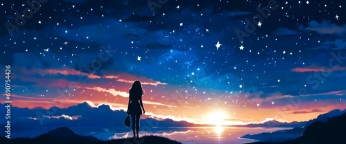 Colorful landscape illustration with night sky with stars and silhouette of a girl on hill on the background