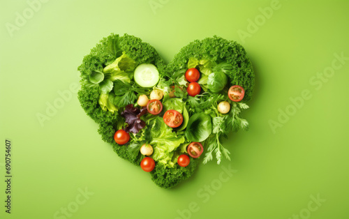 A heart shaped healthy salad on a bright green background