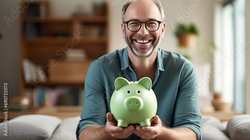 Man holding Piggy bank with a blurred background photo