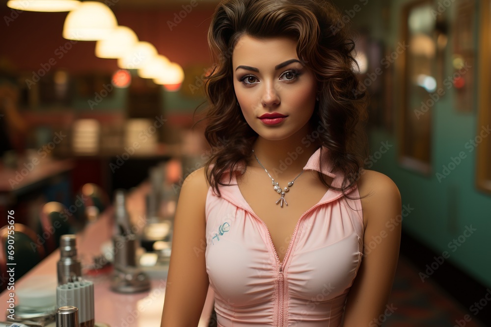 A retro-inspired waitress captures the 1950s essence with her hairdo and pink uniform in a nostalgic diner setting