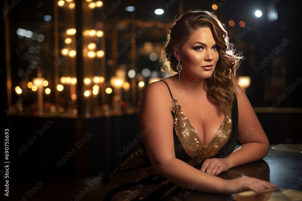 Amidst the casino's opulence, a plus-size businesswoman's allure and glamour exude positivity and a proud body positive stance
