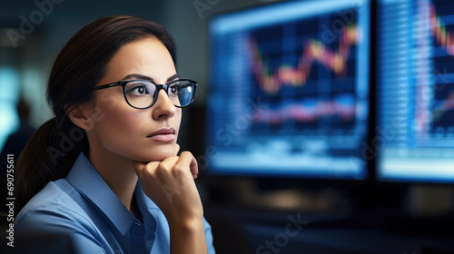 Focused woman with a beard and glasses, studying stock market data on multiple computer monitors, reflecting a serious and professional trading environment.