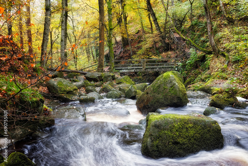 A lively stream tumbles over moss-covered rocks, complemented by the autumnal hues of a forest and a rustic wooden bridge in the background. Padley Gorge, Peak District National Park, UK