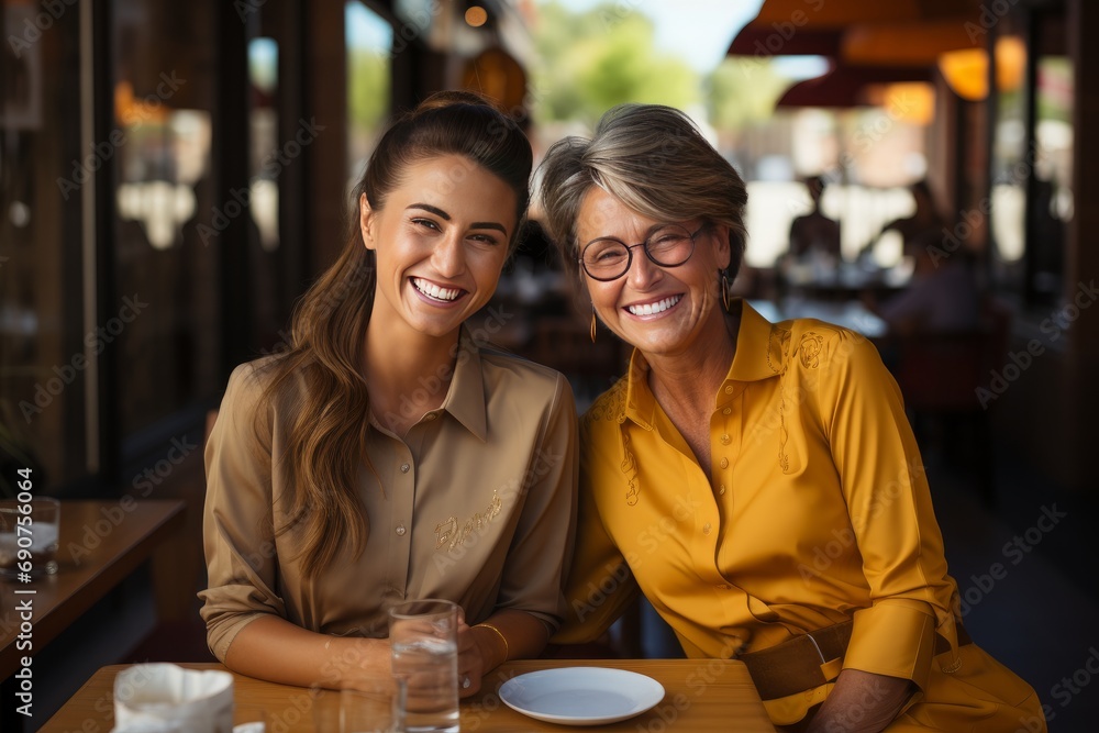 Smiling Mother and Daughter Enjoying Time Together at Cafe