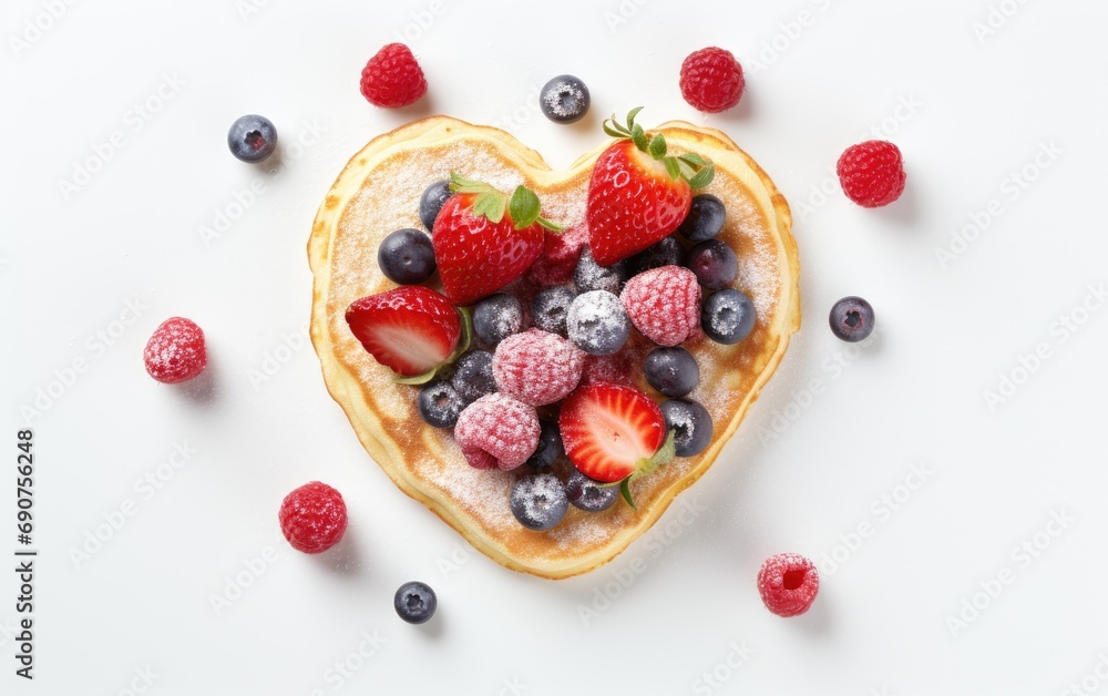 A heart shaped pancake with berries, white background, top view A heart shaped pancake with berries, white background, top view