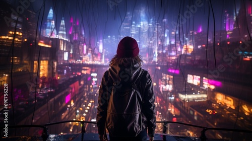 beautiful young woman in a cyberpunk city with neon colors photo
