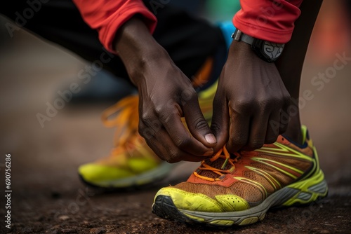 athlete tying his shoelaces on a night run in the countryside