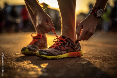 athlete tying his shoelaces on a night run in the countryside
