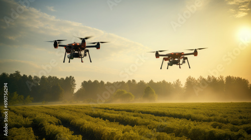 Drones flying over a golden wheat field at sunrise, with a serene rural landscape in the background. © MP Studio