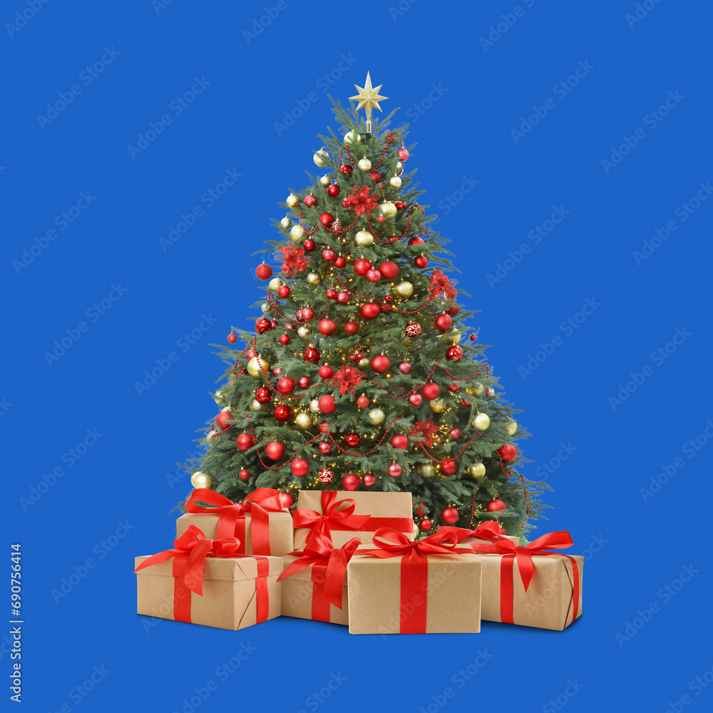 Beautiful Christmas tree with many gift boxes under on blue background