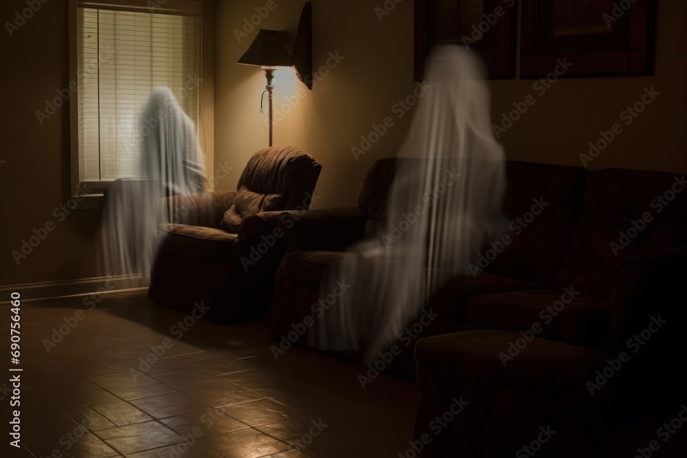 Ghostly Figures in Motion in a Dimly Lit Room - obrazy, fototapety, plakaty 