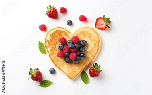 A heart shaped pancake with berries  white background  top view
