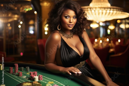 beautiful plus-size model at a table in a luxurious casino