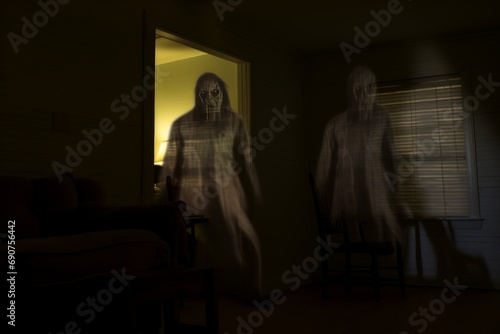 Three spectral figures appear in a dimly lit room, creating an eerie atmosphere