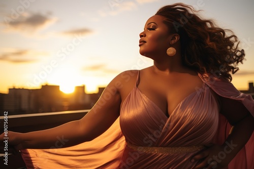 young plus-size Afro-American woman dancing on a rooftop at sunset