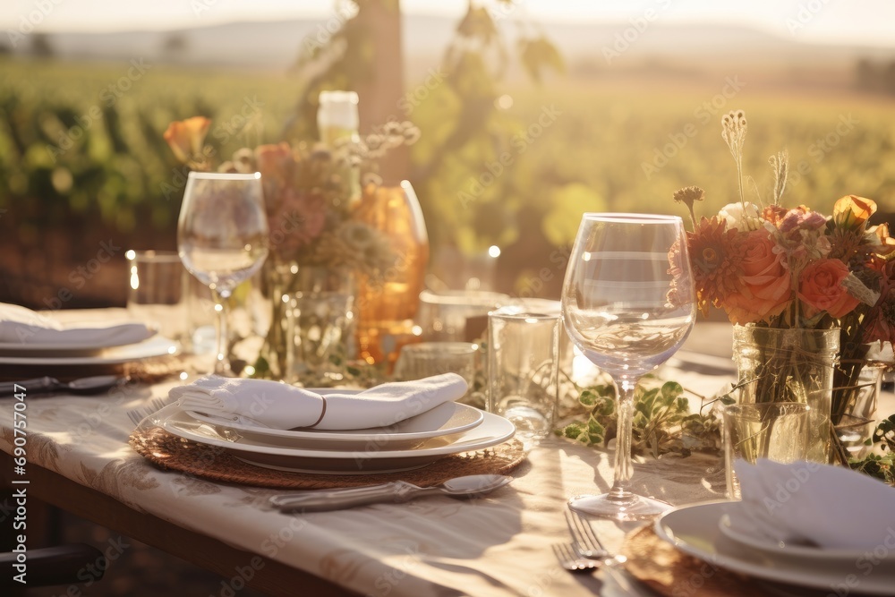 Rustic Outdoor Dining Table Set in Warm Light Rustic Outdoor Dining Table Set in Warm Light