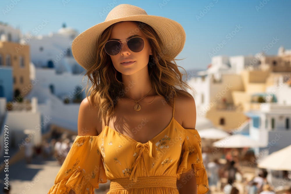 young woman enjoying vacation on a mediterranean island. Copyspace