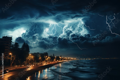 landscape of a big summer storm with lightning strikes