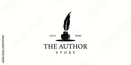 The Author Story Logo Design. Feather Ink with Classic Style. Icon Symbol Vector Design Template.
