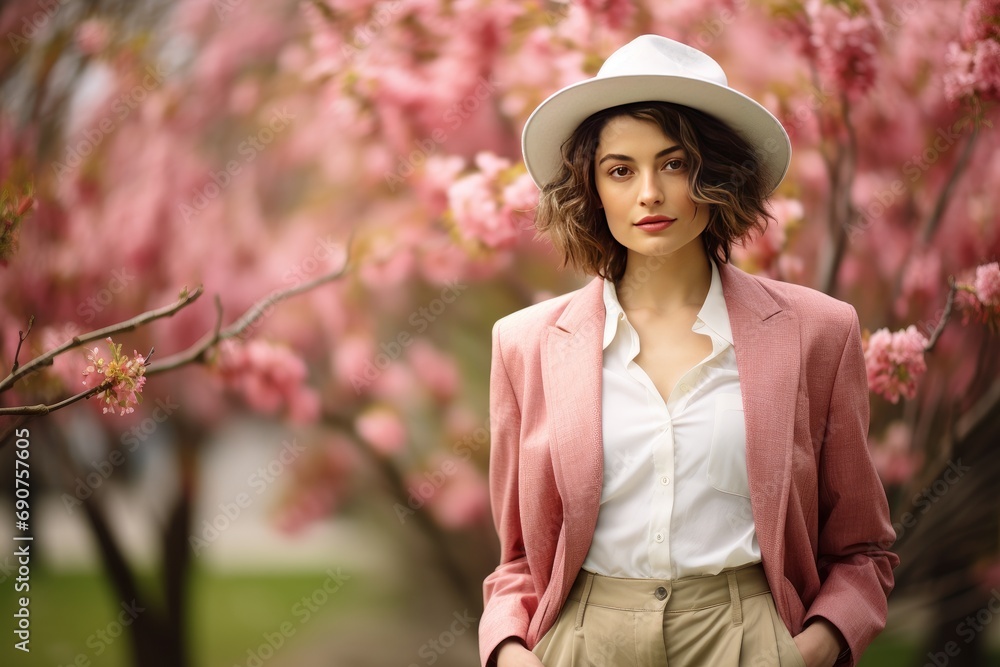 Fashionable Woman Posing with Cherry Blossoms in Spring