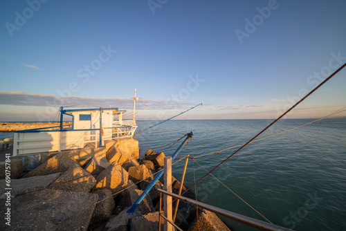 Giulianova, Teramo, Abruzzo, Seascape with typical fishing structures.