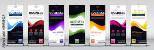 Roll Up Banner Standee and Template set in red, green, blue, yellow, orange, purple, pink for events, presentations, meetings, annual events, streets