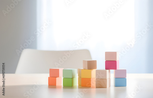 children's toy geometrical cubes on a white wooden table soft li © Oleksiy