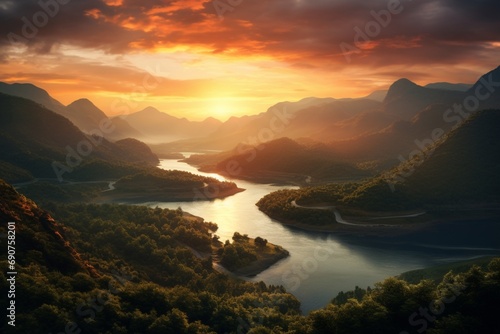 Ascending a steep trail, witness a breathtaking sunset casting warm tones on a tranquil lake nestled between majestic hills. SunsetHike_HDlandscape.