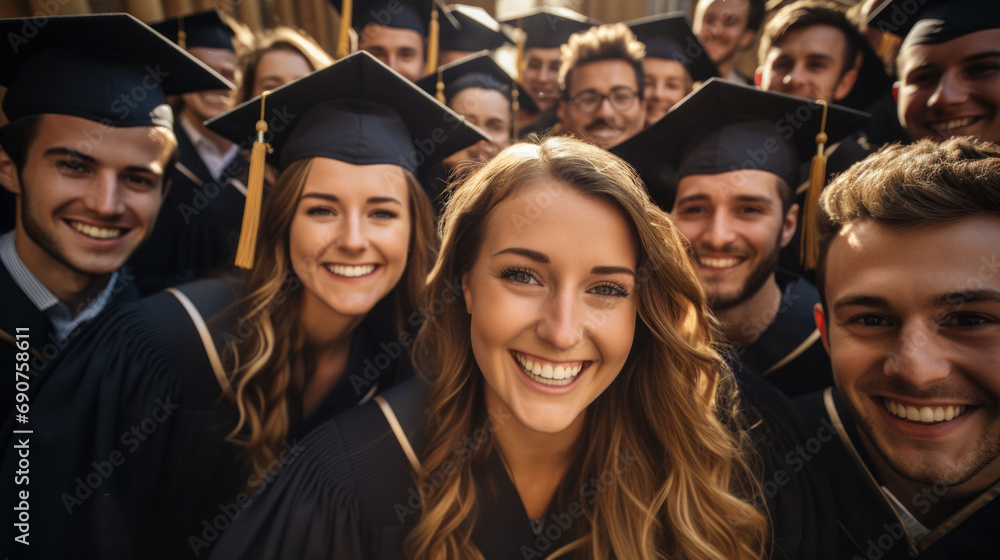 Obraz premium Smiling graduates huddle together for a group photo, commemorating their shared experiences and the completion of their academic journey.