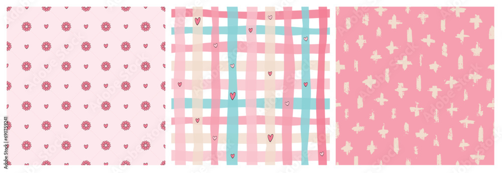 set of abstract seamless patterns for valentine's day with stripes, brush strokes and hearts for wallpaper, textile prints, scrapbooking, stationary, wrapping paper, etc. EPS 10