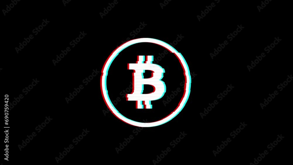 Bitcoin BTC sign glitch effect anaglyph looped animation black background crypto blockchain metaverse display 