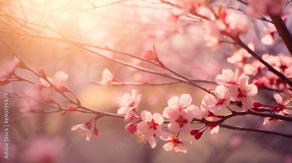Spring blossom background. Nature scene with blooming tree and sun flare. Spring flowers