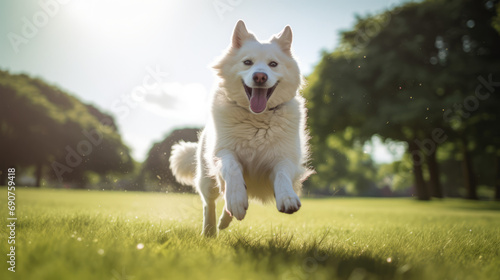 White Dog running on the grass field, AI generated