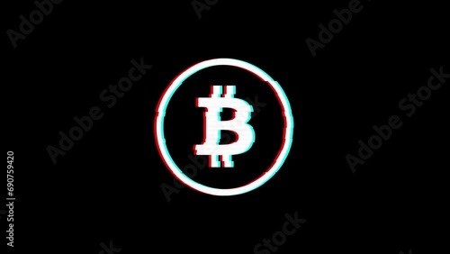 Bitcoin BTC sign glitch effect anaglyph looped animation black background crypto blockchain metaverse display 