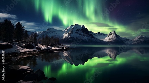 Tranquil night sky reflects illuminated constellations and auroras.