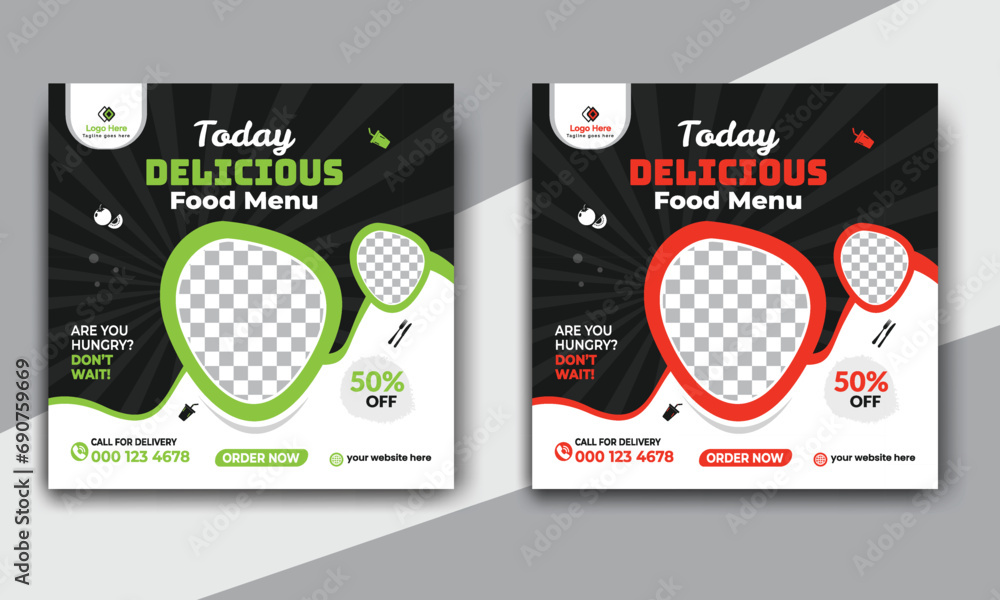 Fast food restaurant business marketing social media post or web banner template design with abstract background. Fresh pizza, burger & online sale promotion flyer or poster design. Fast food restaurant business marketing social media post or web banner template design with abstract background. Fresh pizza, burger & online sale promotion flyer or poster design.