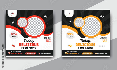 Fast food restaurant business marketing social media post or web banner template design with abstract background. Fresh pizza, burger & online sale promotion flyer or poster design.