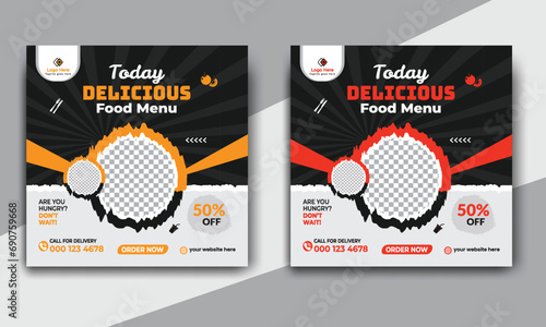 Fast food restaurant business marketing social media post or web banner template design with abstract background. Fresh pizza, burger & online sale promotion flyer or poster design.
