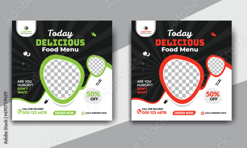 Fast food restaurant business marketing social media post or web banner template design with abstract background. Fresh pizza, burger & online sale promotion flyer or poster design.
