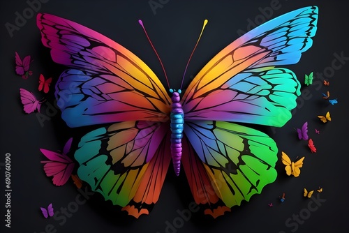 Colorful butterfly isolated on black background. 3d render illustration.