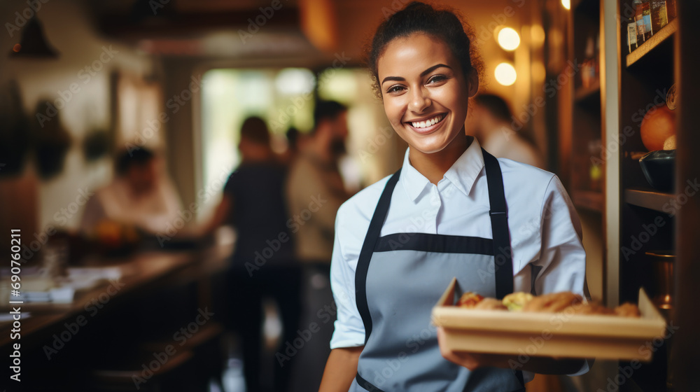 Welcoming Waitress holding tray and smiling,AI generated