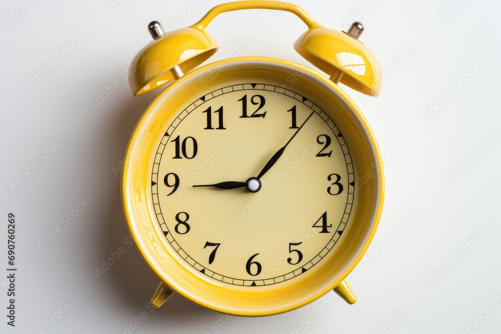 Vibrant contrast: yellow alarm clock on a pristine white background Vibrant contrast: yellow alarm clock on a pristine white background